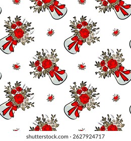 pattern with romantic flower bouquets with red roses tied with red ribbons in vases. Isolated on white background. Perfect for Valentine's Day packaging