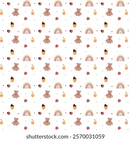 The pattern is romantic with strawberries and a bear. On a transparent background. Valentine's Day.
