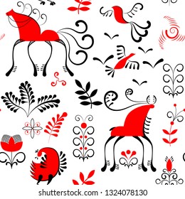 pattern with rook, birds fishes in the river