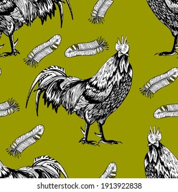 Pattern of roosters. Drawing of roosters on a green background, feathers. Vector illustration for web design, websites, print, backgrounds.
