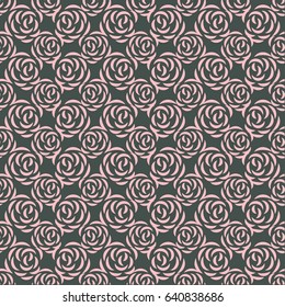 Pattern with rose blossoms on a black background. Simple vintage floral background. Ornament with painted pink flowers Pink color Seamless vector illustration