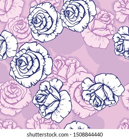 Pattern with rose blossoms on a dark purple background. Simple vintage floral background. Ornament with light-blue and pink flowers Seamless vector illustration