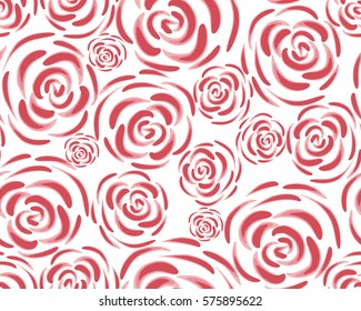 Pattern with rose blossoms on a white background. Simple vintage floral background. Ornament with painted pink flowers Pink-red color Seamless vector illustration