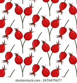 Pattern with rose hips. Autumn background. Rosehip in flat style on a white background. Pattern for textile, wrapping paper, background.