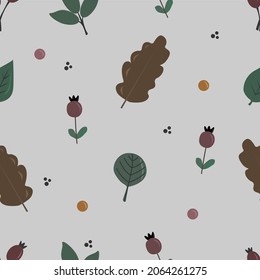 Pattern with rose hips and oak leaves. Seamless pattern. vector