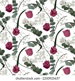 A pattern of rosebuds with green eucalyptus twigs and decorative leaves on a white background. Delicate background for printing on paper and textiles. Printing for packaging, holiday cards