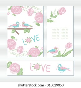 Pattern with roses and birds. Invitation to the wedding, card, banner. St. Valentine's Day. Delicate, beautiful. Set.
