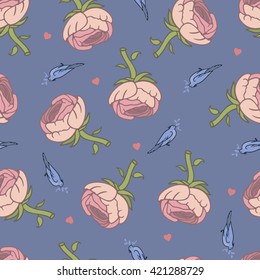 Pattern roses and birds on blue