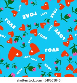 pattern with roses and hearts on a blue background seamless
