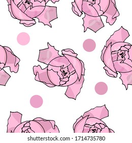 Pattern of roses isolated on a white background with pink circles.