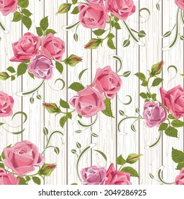 Patrón de rosas sobre un fondo de madera.Bouquets de rosas con decoración de encaje sobre un fondo de madera en un patrón vectorial impecable.