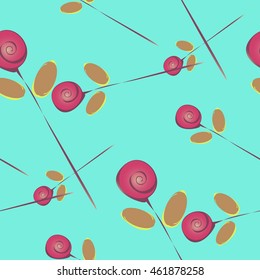 Pattern of roses. Pink flowers, beige leaves, long stems on a blue background. Seamless texture. Suitable for packaging, labels, business cards, Wallpaper and fabrics.