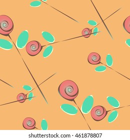 Pattern of roses. Pink flowers, blue leaves, long stems on a coral background. Seamless texture. Suitable for packaging, labels, business cards, Wallpaper and fabrics.