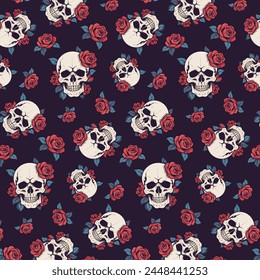 Pattern with roses and skulls.Vector seamless pattern with red roses and skulls on a colored background