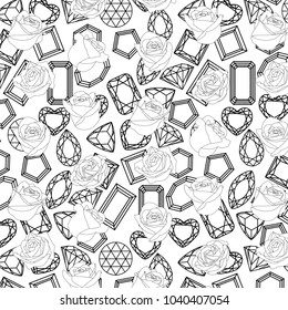 pattern of roses white buds of roses black line on a pattern of diamonds, precious stones of different forms of cut. Line drawing