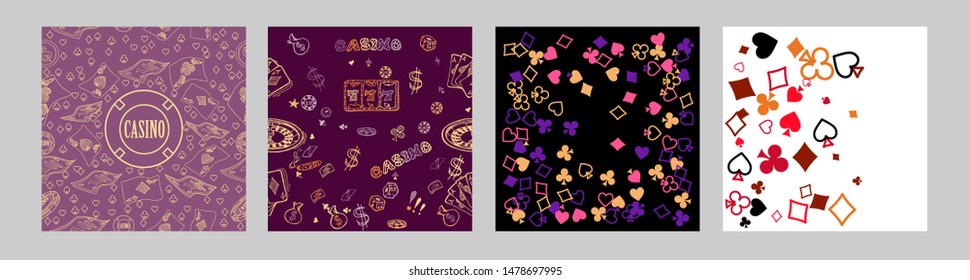 Pattern with roulette, cards, casino chip, money. Vector illustration. Cute background for wallpaper, gift paper, pattern fills, textile, greetings cards.