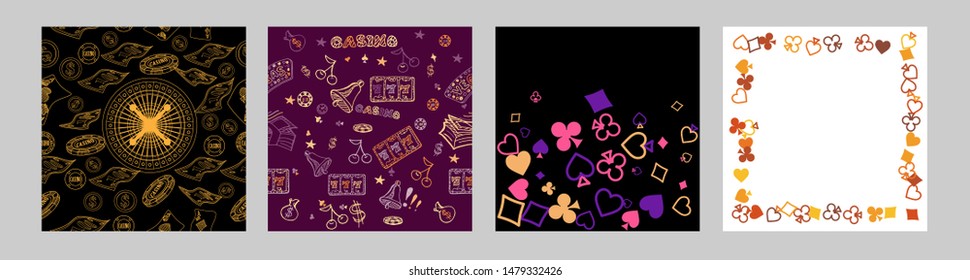 Pattern with roulette, cards, casino chip, money. Vector illustration. Cute background for wallpaper, gift paper, pattern fills, textile, greetings cards.