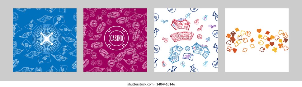 Pattern with roulette, cards, casino chip, money. Vector illustration. Cute background for wallpaper, gift paper, pattern fills, textile, greetings cards.