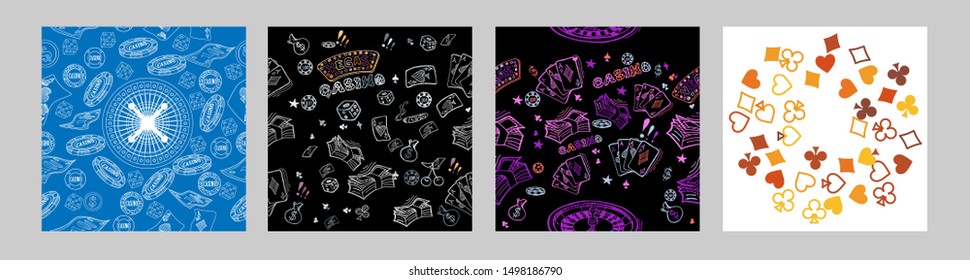 Pattern with roulette, cards, casino chip, money. Vector illustration. Cute background for wallpaper, gift paper, pattern fills, textile, greetings cards.