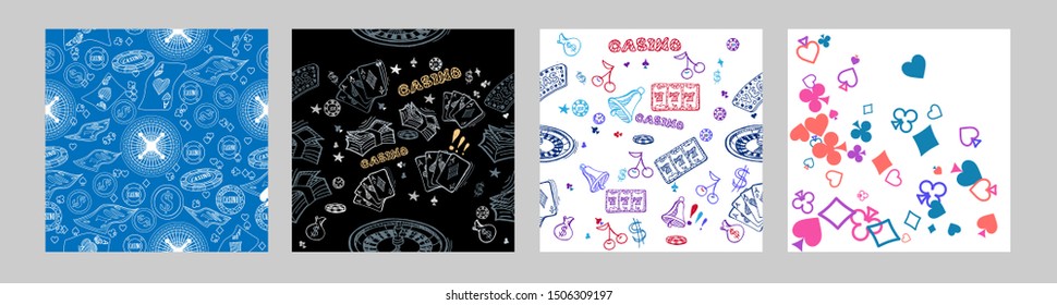 Pattern with roulette, cards, casino chip, money. Vector illustration. Cute background for wallpaper, gift paper, pattern fills, textile, greetings cards.