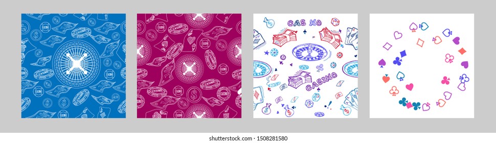 Pattern with roulette, cards, casino chip, money. Vector illustration. Cute background for wallpaper, gift paper, pattern fills, textile, greetings cards.