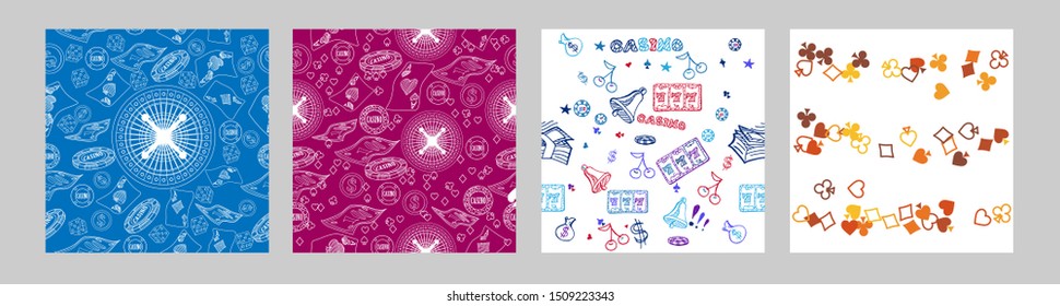 Pattern with roulette, cards, casino chip, money. Vector illustration. Cute background for wallpaper, gift paper, pattern fills, textile, greetings cards.
