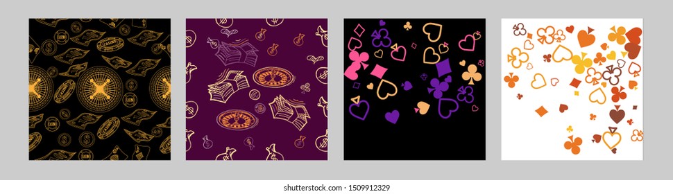 Pattern with roulette, cards, casino chip, money. Vector illustration. Cute background for wallpaper, gift paper, pattern fills, textile, greetings cards.