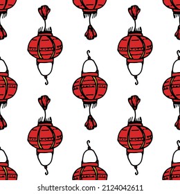 A pattern of a round Chinese lantern in red and yellow colors. Seamless pattern of a simple Japanese street lamp painted in doodle style, red with yellow lines brush on white for a template