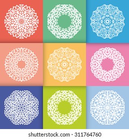 Pattern with Round Ornaments in flat pastel style colors. Vintage decorative geometric elements pattern. Snowflakes or mandala.