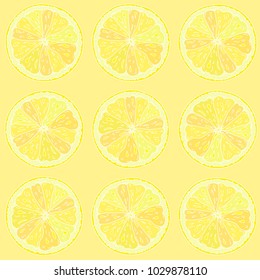 Pattern with round slice of lemon on yellow background.