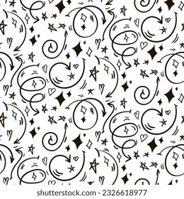 A pattern of rounded linear arrows of different shapes and directions in a street style with a black marker on a white background. Arrows and details, mini drawings, stars, highlights, hearts. Texture