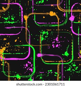 Pattern with rounded squares, paint brush strokes, spattered paint of neon bright colors. Virtual abstract background. Grunge style for sports goods, prints, clothing, t shirt design