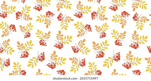 Pattern rowan branch, autumn leaves, berries. Hand drawn botanical nature illustration. Leaf fall. Seamless background, wallpaper decor.
