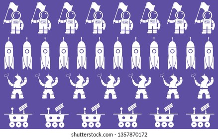Pattern with rows of spacemen, rockets, mars rovers. Lilac. 