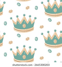 Pattern of a royal blue crown with crystals. Children's decoration for a boy. Flat colored seamless texture. King. Children's toy with a royal theme. Kingdom. Packaging for children's products