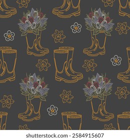 Pattern. Royalty-free pattern. Rubber boots with bouquet of spring flowers, tulips, daffodils, hand drawn coloring line. doodle illustration on dark graphite background. Yellow, purple, red, green.