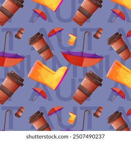 Pattern of rubber boots, open umbrella, hot coffee. With big inscription autumn on light background