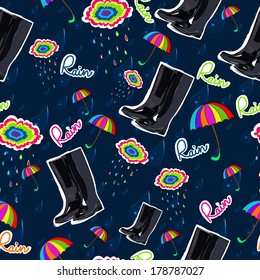 Pattern with rubber boots, umbrella and cloud.