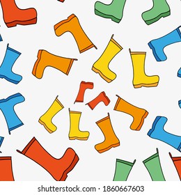 Pattern of rubber rain boots for cool rainy weather, seasonal autumn symbol. Doodle icons in modern trendy flat cartoon style. Vector image on a white isolated background.