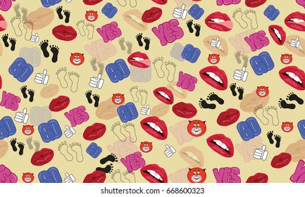 Pattern for rucksacks, exercise books, posters, T-shirts, cups, .. cat, lips sexy, letters bright "yes," forward, "traces. Vector illustration.