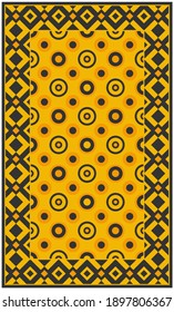 Pattern rug consisting of black and yellow circular and square shapes. Poster design.