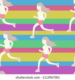 pattern with running girls in flat style on abstract line pattern