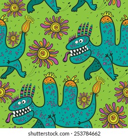 Pattern running green dinosaurs among the flowers on a green background