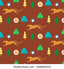 Pattern - running panther, leaves - red background - vector. Animal world