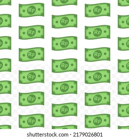 Pattern of Rupiah banknotes on transparent background with mini doodle (icon) and green color. Vector Illustration