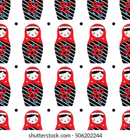 Pattern with Russian dolls - matryoshka and decorative elements for design. Vector illustration. Pattern for wallpaper, textile.