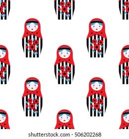 Pattern with Russian dolls - matryoshka and decorative elements for design. Vector illustration. Pattern for wallpaper, textile.