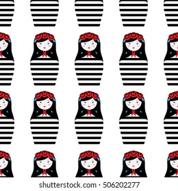 Pattern with Russian dolls - matryoshka and decorative elements for design. Vector illustration. Pattern for wallpaper, textile.