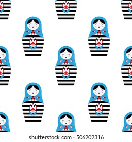 Pattern with Russian dolls - matryoshka and decorative elements for design. Vector illustration. Pattern for wallpaper, textile.