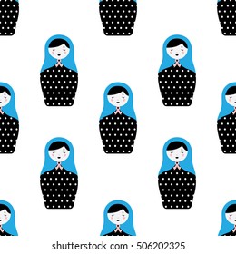 Pattern with Russian dolls - matryoshka and decorative elements for design. Vector illustration. Pattern for wallpaper, textile.